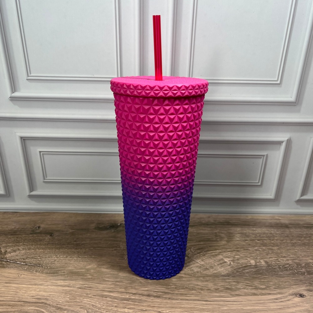 Mainstays Textured Tumbler 24oz Pink Purple Ombre Matte‎ Grid Cold Cup Straw